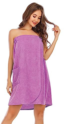 Sauna Frottee Kilt Saunasarong S-XXL Damen,Saunatuch Saunakilt mit Druckknöpfen,Tasche und Gummizug,Bademantel für Frauen aus saugstarkem Baumwoll-Frottier,Saunatuch Knielang Größe:36-46 (XL,Lila)