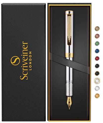 Scriveiner Luxus EDC Füllfederhalter (Fein), schwerer Taschenfüller mit Echtvergoldung, vergoldete Schmidt Feder, Konverter, Schreibgeräte-Geschenkset für Mann & Frau, schicker Designer Stift