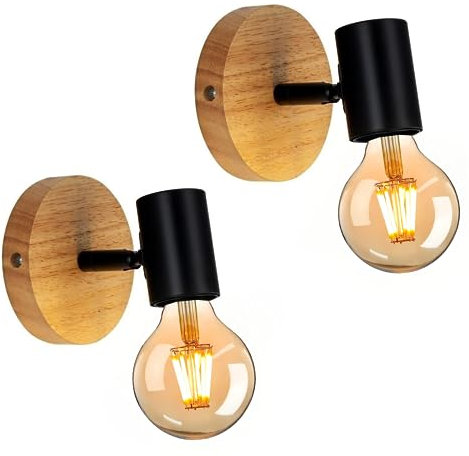 Tealight Wandleuchte Vintage Innen 2 Stück, Wandlampe Schwarz Industrial Retro Lampe aus Metall und Holz E27 für Wohnzimmer, Schlafzimmer, Treppenhaus, Flur, Restaurant, Cafe (Ohne Leuchtmittel)