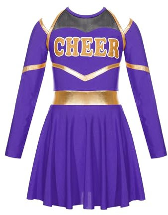Jowowha Mädchen Cheer Leader Cheerleading Kostüm Schulmädchen Uniform Langarm Kleid Halloween Kostüm Karneval Faschingskostüm Lila 146-152