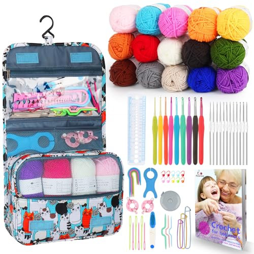 Aeelike Blaue Katze Häkelset für Anfänger Kinder mit 15 Häkelgarn, Ergonomische Häkelnadeln für Arthritische Hände, Starter Häkelset mit Anleitung, Häkeltasche, Strickzubehör, Häkeln für Anfänger Set