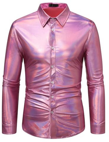 Chemise à paillettes pour homme à manches longues disco années 70 80 Costume de Noël Chemise à paillettes scintillantes Carnaval Fête à thème Hippie Nouvel An Or Noir Chemise Homme, Rose, XXL