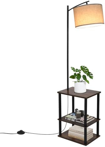 Fullwatt Stehlampe mit Holzregal Innenbeleuchtung Holz Stehleuchte mit Regalen für Schlafzimmer und Wohnzimmer Beige (Feuerfarbe)