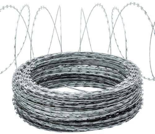 Ajikgn Razor Wire 150FT Galvanized Barbed Wire Razor Wire Fence Stretched Ribbon Barbed Wire Coils High Protection for Fence, Farm, Garden, Home