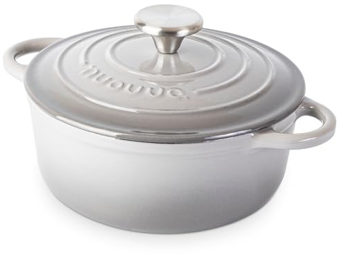Nuovva Enamelled Cast Iron Dutch Oven Pot with Lid – 2.1 Quart Casserole Dish – Ceramic Dutch Oven for Bread Baking, Roasting, Braising & Stews – Oven Safe up to 500°F – 20cm Light Grey
