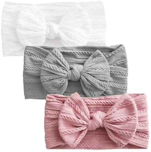 3 pièces bandeau turban pour bébé bandes de cheveux pour bébé nœuds pour filles couvre-chef à nœud doux bandes de cheveux élastiques pour tout-petit nouveau-né (gris/blanc/rose)