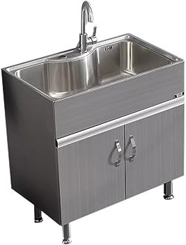 Ausgussbecken für eine Waschküche mit Schrank, gewerbliche Küchenspüle, freistehendes Badezimmerwaschbecken, Waschstation für Haustiere, Wasserhahn und Abflussrohr, Edelstahlmaterial, robust, hohes