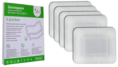 Medicazione adesiva VED Dermapore per ferite - Adatta per tagli ed escoriazioni, ulcere venose delle gambe, piccole piaghe da decubito - Media (6 x 7cm (Pack of 5))