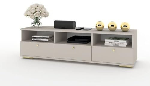 Euro Style Eleganter TV-Schrank mit Schubladen TV Lowboard Kommode Fernsehschrank Wohzimmer Beige/Cashmere mit Gold 150cm