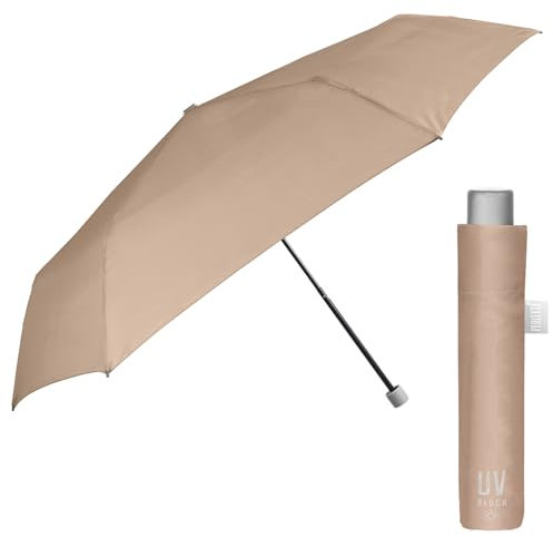 PERLETTI Paraguas para el Sol Plegable Extra Compacto - Paraguas con Filtro Solar Mujer Hombre Antiviento Pequeño - Sombrilla Anti UV y Lluvia Súper Slim Manual de Viaje - Diámetro 91 cm (Marrón)