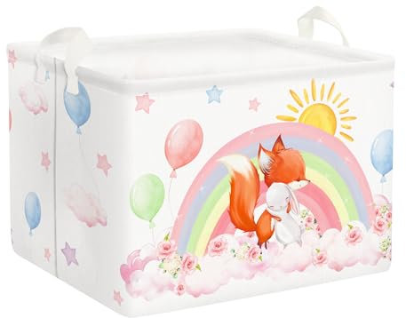Clastyle 36L Groß Regenbogen Fuchs Kaninchen Kinder Aufbewahrungskorb mit Henkel Rechteckig Spielzeug Kleidung Rosa Aufbewahrungsbox für Kinderzimmer Bad