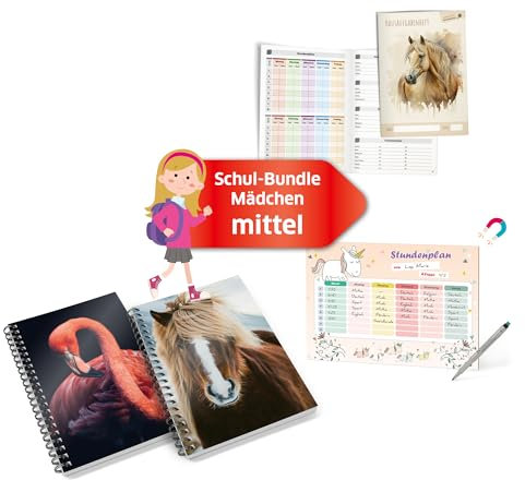 Schulstarterset für Mädchen - Geschenk - Hausaufgabenheft Pferde, Magnetischer und abwischbarer Einhorn Stundenplan & 2x Spiral-Notizblock - Idealer Schulstart - Grundschule [Mittel Set] PRIMUS PRINT