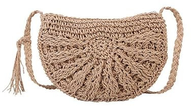 QIUSHIBO Sac Paille Sac à Main en Paille Demi-Rond for Femme, Sac à bandoulière en rotin for la Plage, Fermeture éclair, tissé, Demi-Lune, for Les Vacances Sac en Paille(Khaki)