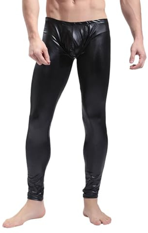 Rrongwn Herren Wetlook Leggings Lack Leder Schwarz Tights Hosen Mit Penis-Loch Männer Ouvert-Panty Lackhose Strumpfhosen Unterwäsche Wetlook Lederhose Patent Pants Party Clubwear Valentinstag Kleidung