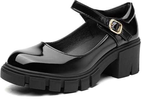 NEWBELLA Mary Jane Damenschuhe, Plateau, niedriger Absatz, klobige Absätze, Knöchelriemen, runde Zehenpartie, elegante Pumps, Oxford-Stil, Schwarz, 38.5 EU