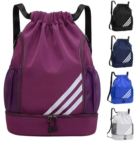 Veftsvy Turnbeutel mit Kordelzug, Wasserdicht Sportbeutel mit Schuhfach, Sportrucksack Gym Bag mit Innentasche, Außentasche, Sporttasche für Herren Damen Jungen (Lila)