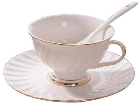 Juego de taza y platillo estilo taza con tapa de porcelana china de hueso para té y café para desayuno, cocina en casa, blanco puro con borde dorado... Tazas de porcelana (blanco, 10 cm x 6 cm. 5 cm x