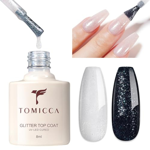TOMICCA Glitter Top Coat Gel Nail Polish 8ml Holographic Clear Glitter | UV Nail Polish, No Wipe High Gloss Long Lasting Soak Off Gel for Acrylic Nails Manicure DIY