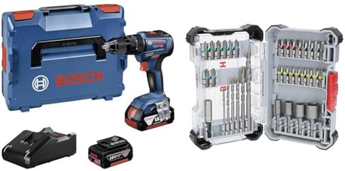 Bosch Professional 18V System Akku Schlagbohrschrauber GSB 18V-55 (max. Drehmoment 55 Nm, inkl. 2x 4.0Ah Akku, Schnellladegerät) + 35x Extra Hard Schrauberbit‑ und CYL-3 Bohrer-Set (197 x 110,5 mm)