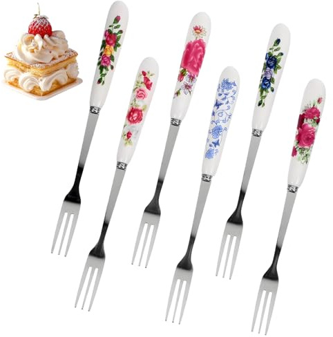 lrgnixs Cake Forks Set of 6,Stainless Steel Dessert Forks with Ceramic Handles,Pastry Fork for Cakes and Desserts,Creative Small Fork for Sundae Latte Coffee Tea Honey
