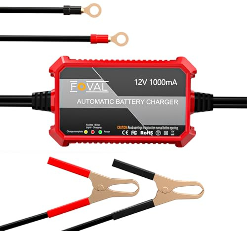 FOVAL 1000mA Car Battery Charger, 12V Smart Automatic Trickle Charger, Battery Maintainer, Float Chargers for Motorcycle, Car Lawn Mower, Boat, SLA ATV Wet Gel Cell Lead Acid Batteries