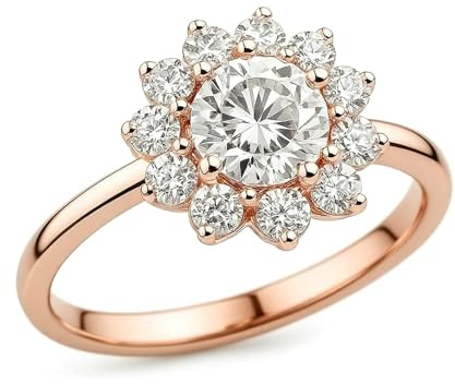 Damenring für mittelfinger, Verlobungsring Damen Breit Blume mit Moissanit 9K Rosegold Größe 65 (20.7)