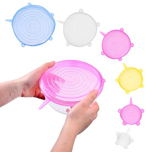 Silicone Stretch Lids - Set of 6 - Stretchable Airtight and Leak Proof Seals - Keeps Your Food Fresh - Reusable Covers for Bowls, Pots, Pans, etc. - Easy to Apply/Remove - Dishwasher Safe