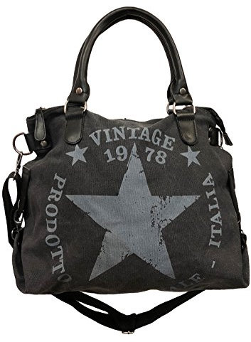 Star Bag Sac vintage en toile pour femme motif étoile - Noir - Noir , Maße: L: 45cm H: 42cm B: 18cm