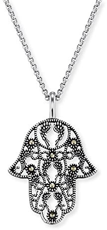 Engelsrufer Damen Halskette aus Sterling Silber und silbenem Fatimas Hand Anhänger - besetzt mit sieben Markasit Steinen- Karabinerverschluss - in zwei Längen verstellbar - Länge: 42cm