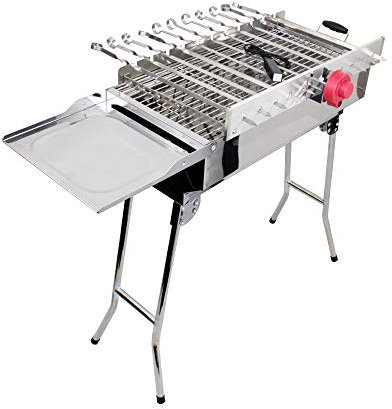 Mangal Grillset – Barbecue a carbonella in acciaio inox con contenitore per carbone, griglia per 11 spiedini per carne o verdure con motore da 220 V e Power Bank per uso senza corrente, pieghevole.