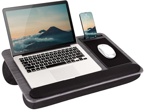 LapGear Home Office Pro Lap Desk with Wrist Rest, Mouse Pad, and Phone Holder - Gray Woodgrain - Fits up to 15.6 Inch Laptops - Style No. 91595