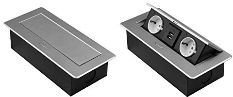 Einbausteckdose 1-Fach inkl. Ethernet + 3- Fach Tischsteckdose Bodensteckdose (2x 230V + 2 USB, Silber)