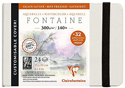 Clairefontaine 975440C - Skizzenbuch mit Fadenbindung Fontaine mit 24 Blatt weißes Zeichenpapier, glänzend, 10x15 cm 300g + 32 Visitenkarten mikroperforiert