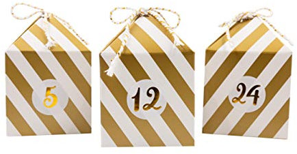 Cavore Selbstgemachter Adventskalender zum Befüllen – Weihnachtskalender DIY Set mit 24 Boxen, Zahlen-Aufkleber und Schnüre in Gold/Weiß zum Selber Basteln – Weihnachten 2024