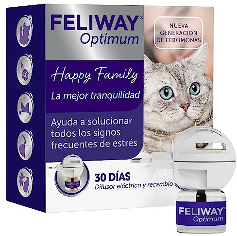 FELIWAY Optimum - Difusor + Recambio de feromonas calmantes para gatos (30 días, 48 mililitro) - Ayuda a reducir los signos más comunes de estrés. Recomendado por veterinarios. La mejor tranquilidad