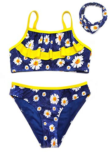 SHEKINI Bikini de Tres Piezas para Niñas Conjunto de Diadema Correas Espaguetis con Volantes Bikini de Cintura Baja Pantalones Traje de Baño de Leopardo Dulce Bikini (Azul, 6-8 años)
