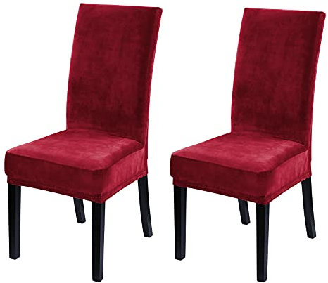 LinTimes Hotelqualität Samt Stretch Stuhlhussen für Esszimmer Samt Stuhl Schutzhüllen Schonbezug für Hotelzeremonie, weicher, Dicker, Fester Samtstoff waschbar, 2er Set Peacock Rotwein