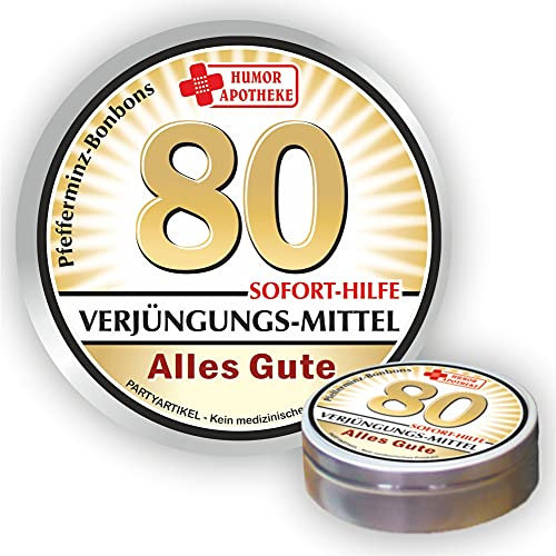 Pfefferminz Bonbon Metalldose - Zum 80. Geburtstag, Verjüngungsmittel Alles Gute - Soforthilfe | Humorapotheke Spaßmedizin Humormedizin | Pfefferminzdragees | Dose Blechdose Pillendose