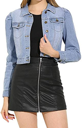 MUSA Womens Denim Jacket Light Wash Puff Sleeve Cropped Denim Jacket Button Up Slim Fit Vintage Jean Jacket for Ladies Girls (12 - Large, Light Blue Wash)