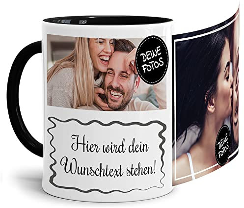 Foto-Tasse selbst gestalten mit Text & Collage für 2 Fotos - Geschenk für Familie, Freunde, Geburtstag, Weihnachten - Keramik Innen & Henkel Schwarz, 300 ml I Personalisiert