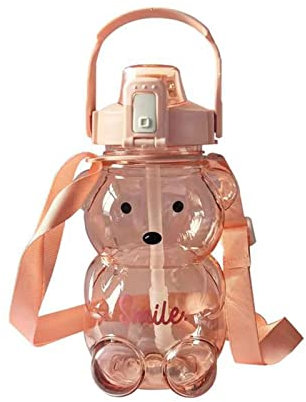 LYEAA 1000ml Kawaii Bear Water Bottle with Straw, Cute Bear Drinking Water Bottle Summer Leak-Proof Straw Cup Outdoor Sports Water Jug Kettle Drinkware with Strap for Boys and Girls (Pink)