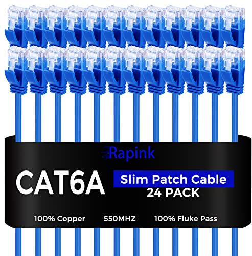 Rapink Patch Cables Cat6a 2ft (24 Pack) Slim, Cat6a Ethernet Patch Cable 10G Support, Snagless Cat 6 Patch Cable for Patch Panel to Switch, Flexiable Cat 6a Ethernet Cable with Gold Plated