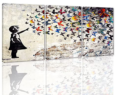 Abstrakte kreative Wanddekoration, 3 Paneele, Graffiti-Straße, Leinwand, Wandkunst, Banksy-Gemälde, Kunstwerk, Mädchen und Schmetterling, gerahmte Kunst für Wohnzimmer, Schlafzimmer – 916 cm (BxH)