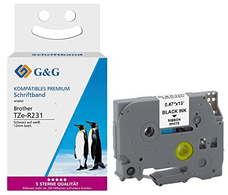 G&G Schriftband Kompatibel zu Brother TZe-R231 Seiden Schriftband für Brother P-Touch (12mm x 4m, Schwarz auf Weiß)