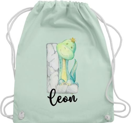 Turnbeutel Rucksack - Initialen - Dinos Dinosaurier Dino Buchstabe - Unisize - Pastell Grün - personalisierter beutel kinder stoffbeutel schule personalisierte buchstaben sportbeutel schulkind