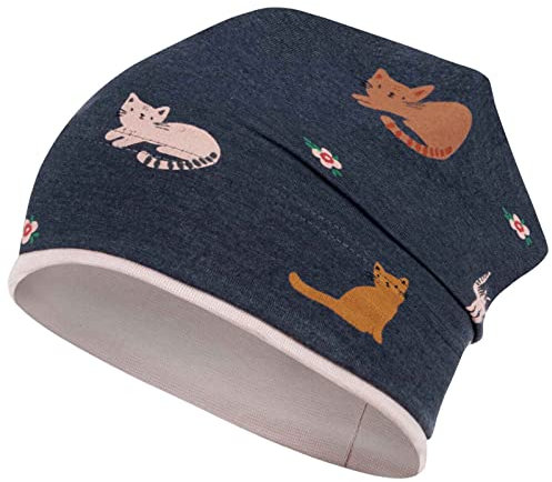 Smarilla Mädchen Mütze Übergangsmütze Beanie Pferde Katzen Punkte Frühling Herbst, Bekleidungsgröße: 54-56, Farbe: Dunkelblau-Puderrosa