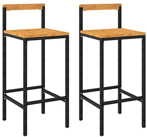 vidaXL Barhocker 2 STK., Barstuhl für Innenbereich Außenbereich, Hocker mit Stahlrahmen, Stuhl Bistrostuhl Küchenhocker, Schwarz Poly Rattan Massivholz Akazie