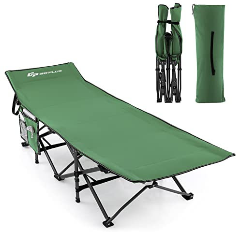 GOPLUS Lit de Camping Pliable 1 Personne avec Appuie-tête Incliné, lit de Camp Portable avec Poche Latérale & Sac de Transport, Charge 272 KG, pour Camping, Randonnée, Pêche, 190X70X54 CM(Vert)