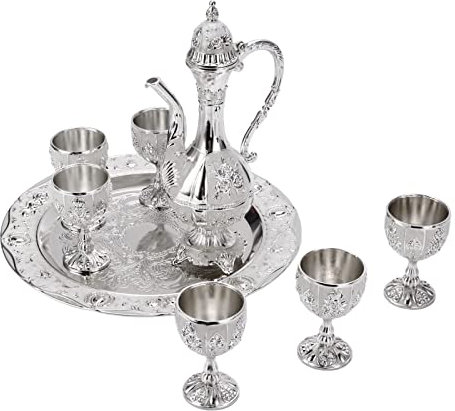 Alvinlite Vintage Turkish Coffee Pot Set, Sliver Turkish Tea Set with 6 Coffee Cups, Wine Decanter and Glasses Set, Turkish Copper Coffee Cup Set for Home Tea Party