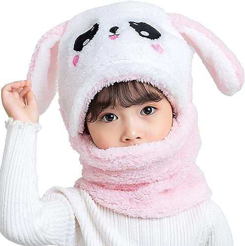 MK MATT KEELY Kinder Winter Mütze Junge Mädchen 2 in 1 Warme Cartoon Kaninchen Schal Ohrenklappe Ski Mütze Set,Rosa,5-8 Jahre